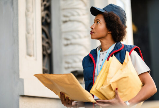 Black postwoman delivering mail in residential district.